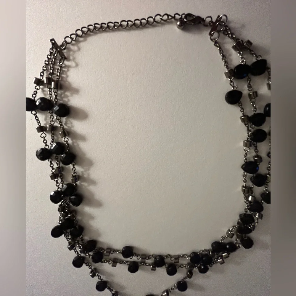 Necklace glass & Agate stone mushroom pendant on 3-strand black faceted beads